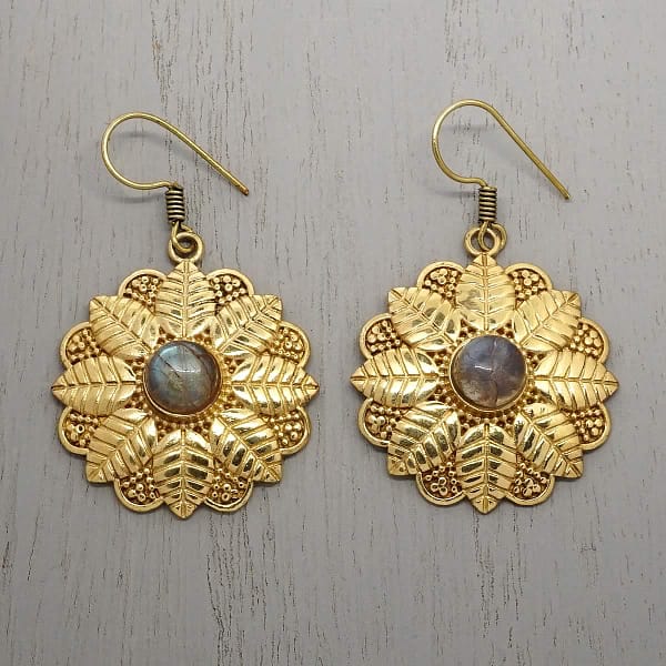 labradorite earrings brass leaf mandala